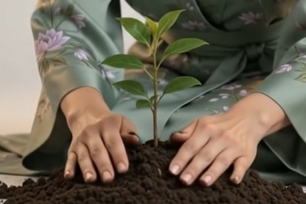 Everly's hands cradling the sapling she planted